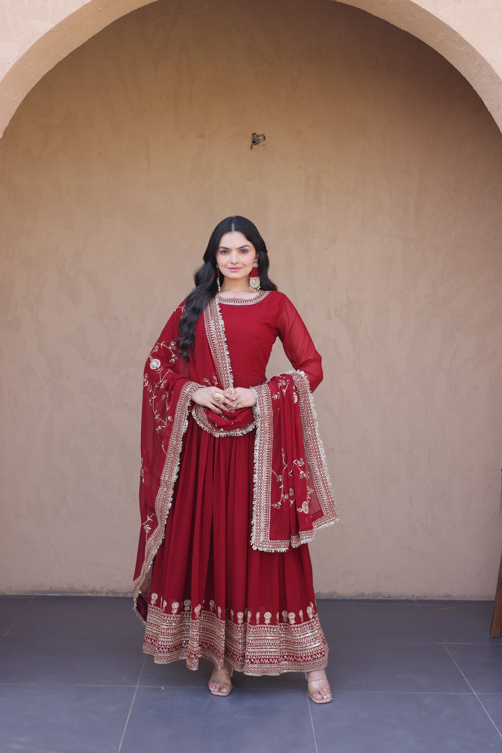 Regal Maroon Zari Embroidered Gown Set