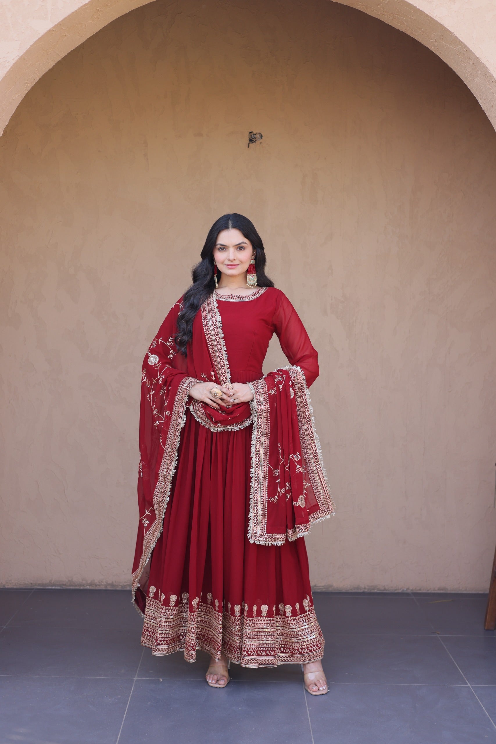 Regal Maroon Zari Embroidered Gown Set