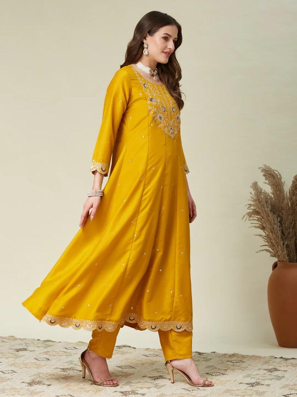 Premium Mustard Yellow Vichhitra Silk Anarkali Kurti | Riwaayat by Pihu