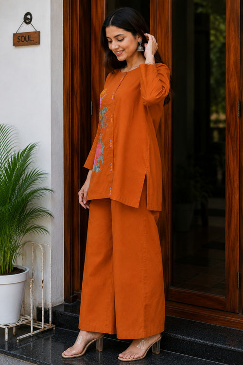 Riwaayat Rust Floral Embroidered Co-ord Set