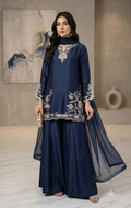 Elegant Blue Silk Embroidered Kurta Set with Palazzo & Organza Dupatta