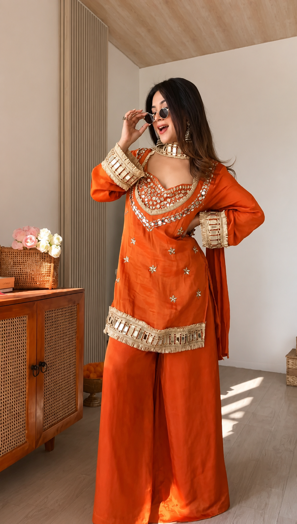 Orange Mirror Work Chiffon | Party Wear Co-ord Set