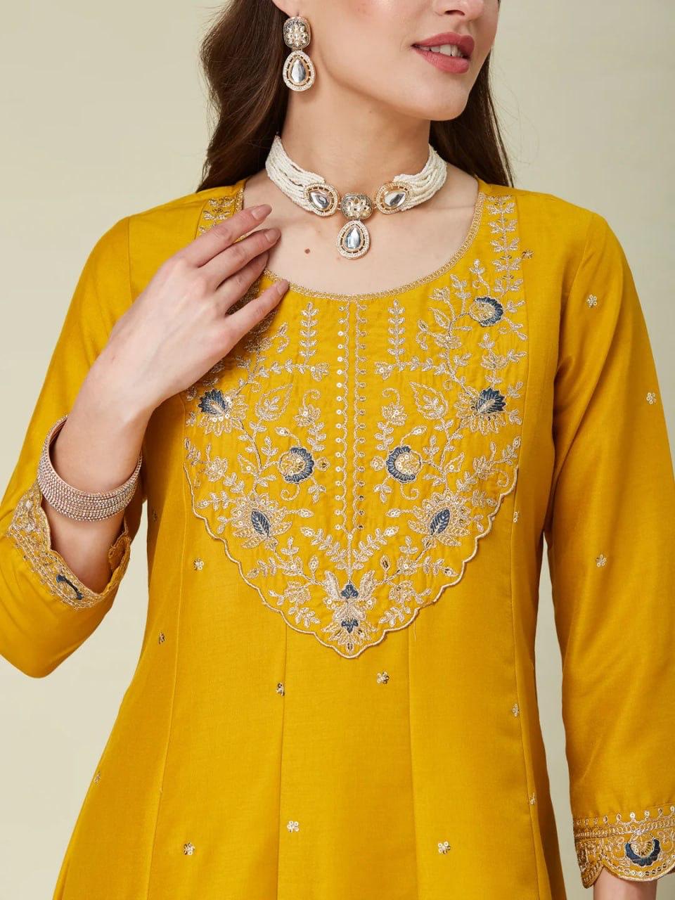 Premium Mustard Yellow Vichhitra Silk Anarkali Kurti | Riwaayat by Pihu