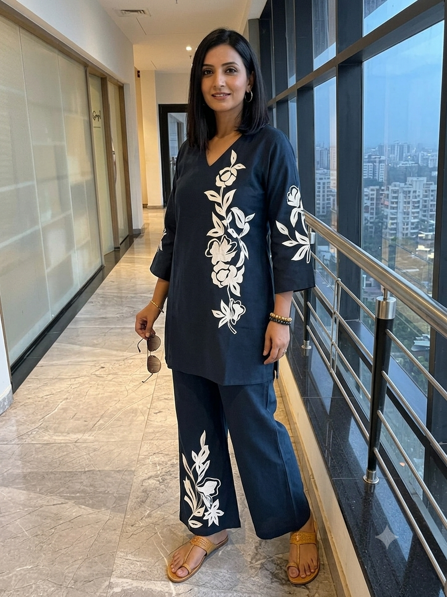 Navy Blue Floral Embroidered Cotton Co-ord Set