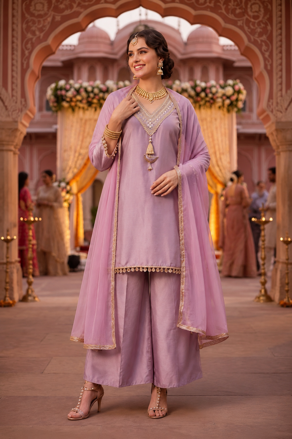 Lavender Embellished Kurta Palazzo Set with Dupatta
