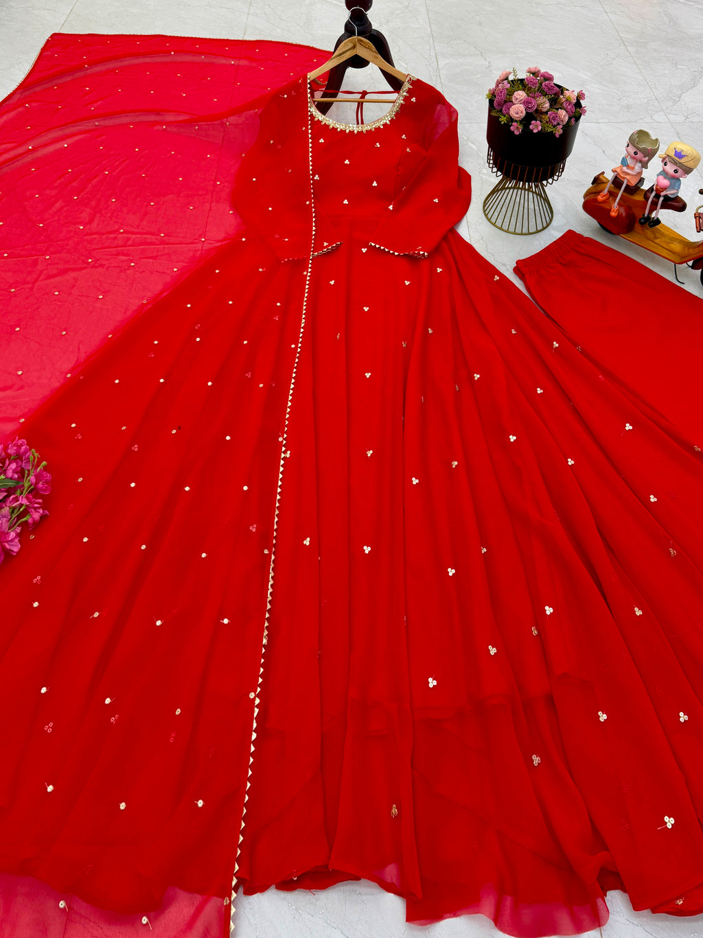 Red Faux Georgette Embroidered Anarkali Gown Set with Pant & Dupatta