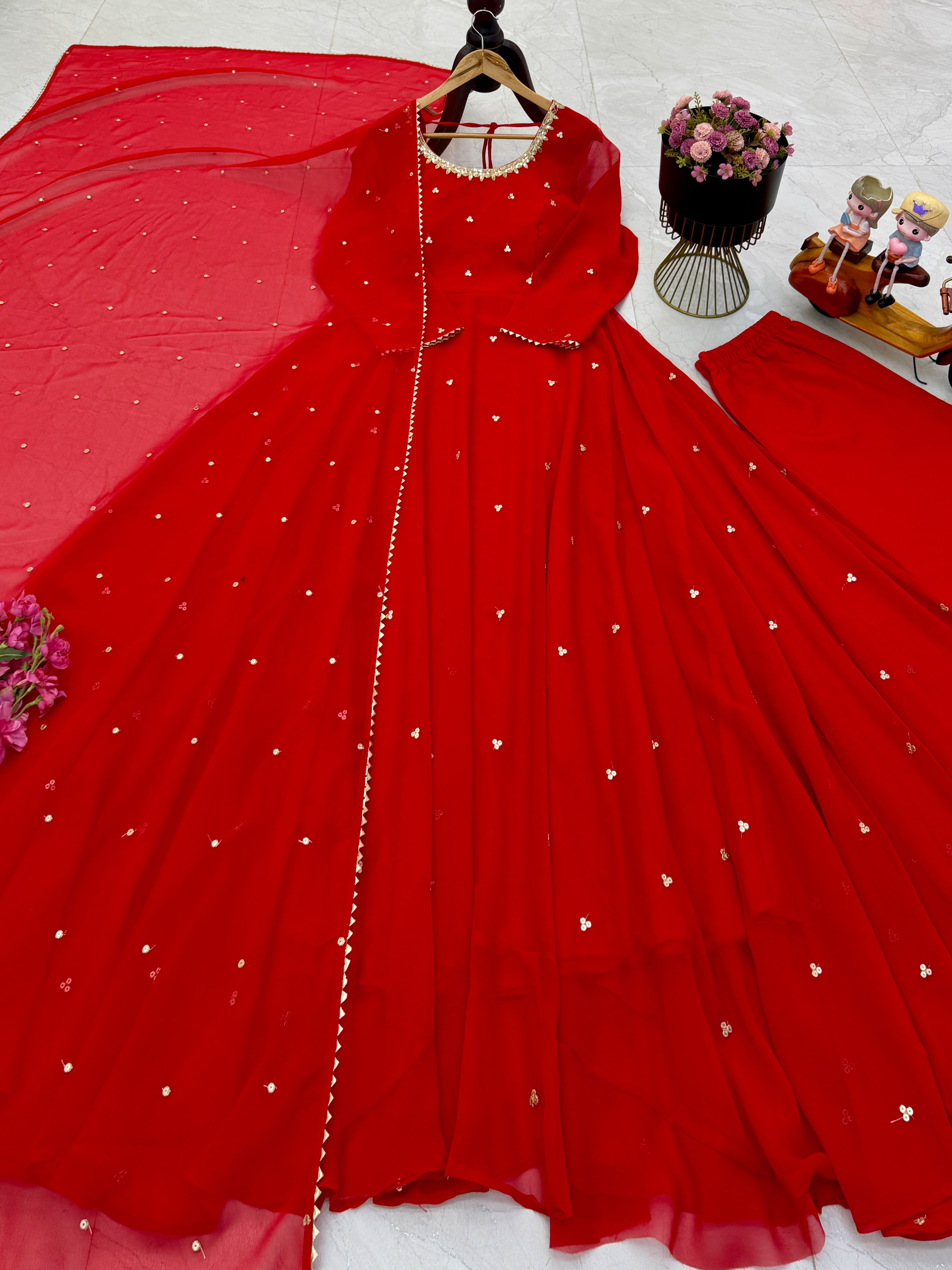 Red Faux Georgette Embroidered Anarkali Gown Set with Pant & Dupatta