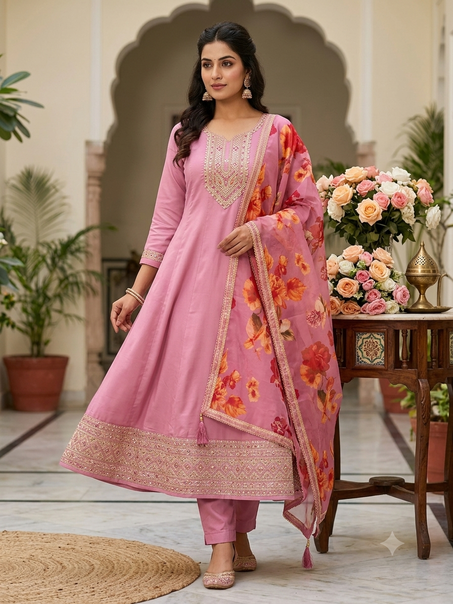 Pink Embroidered Cotton Anarkali Suit Set with Floral Dupatta