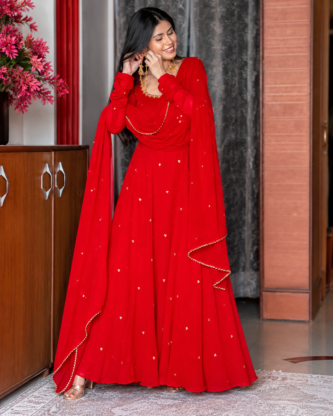 Red Faux Georgette Embroidered Anarkali Gown Set with Pant & Dupatta