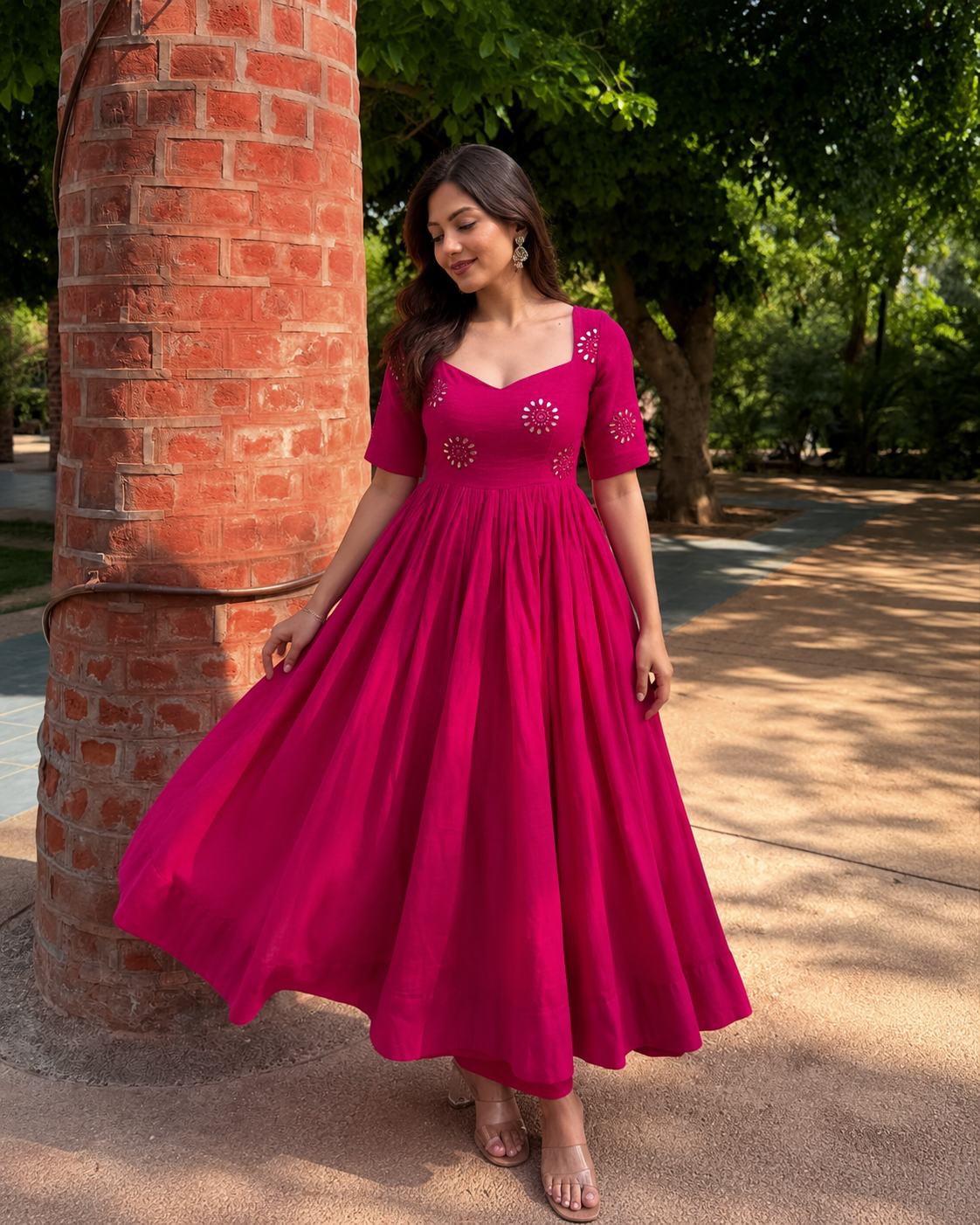 Pure Cotton Mirror Work Anarkali Suit Set – Pink