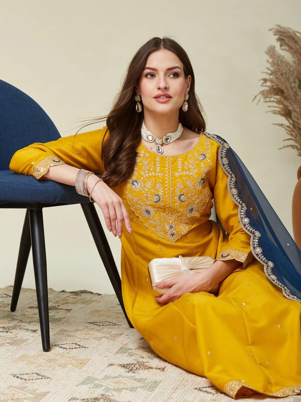 Premium Mustard Yellow Vichhitra Silk Anarkali Kurti | Riwaayat by Pihu