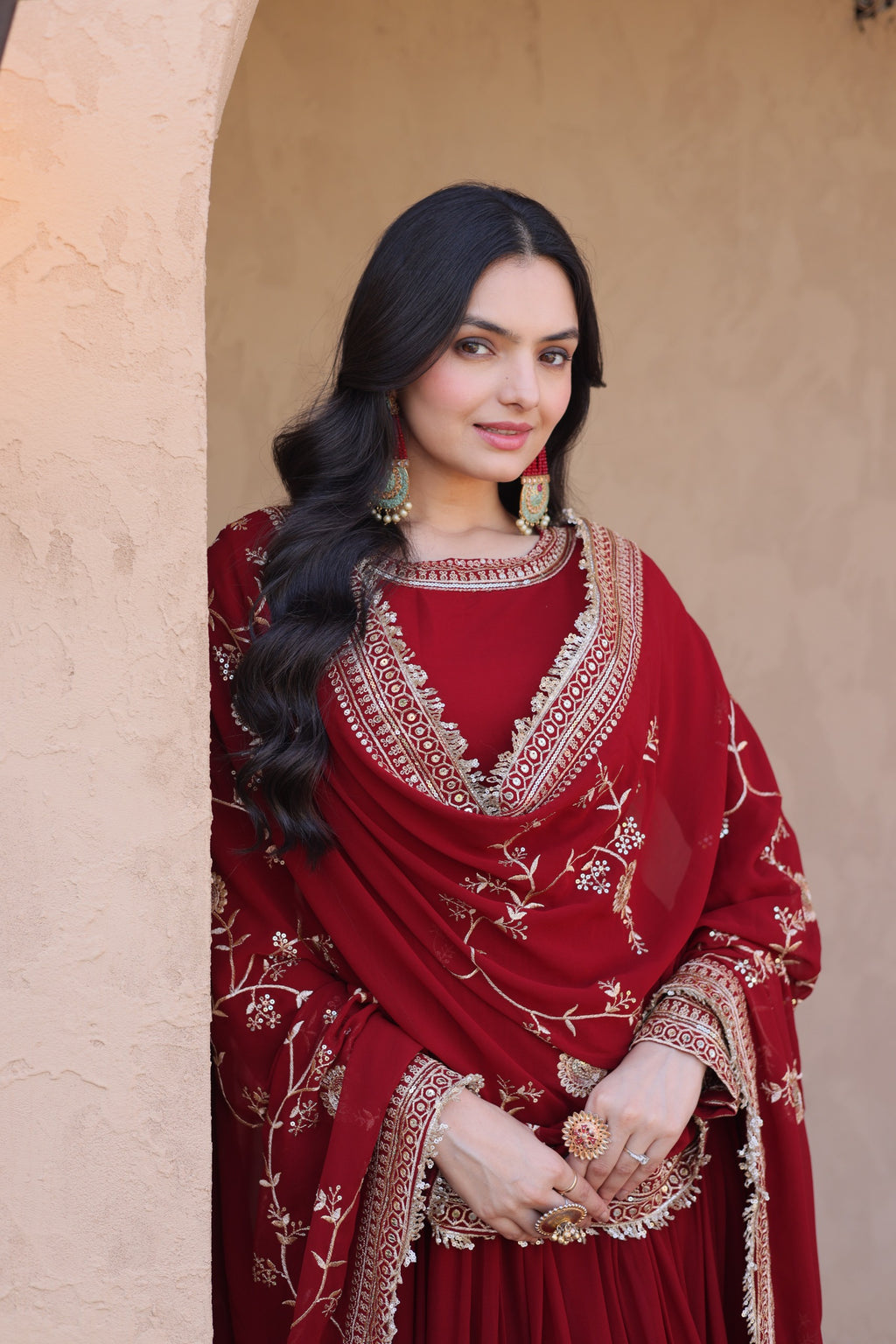 Regal Maroon Zari Embroidered Gown Set