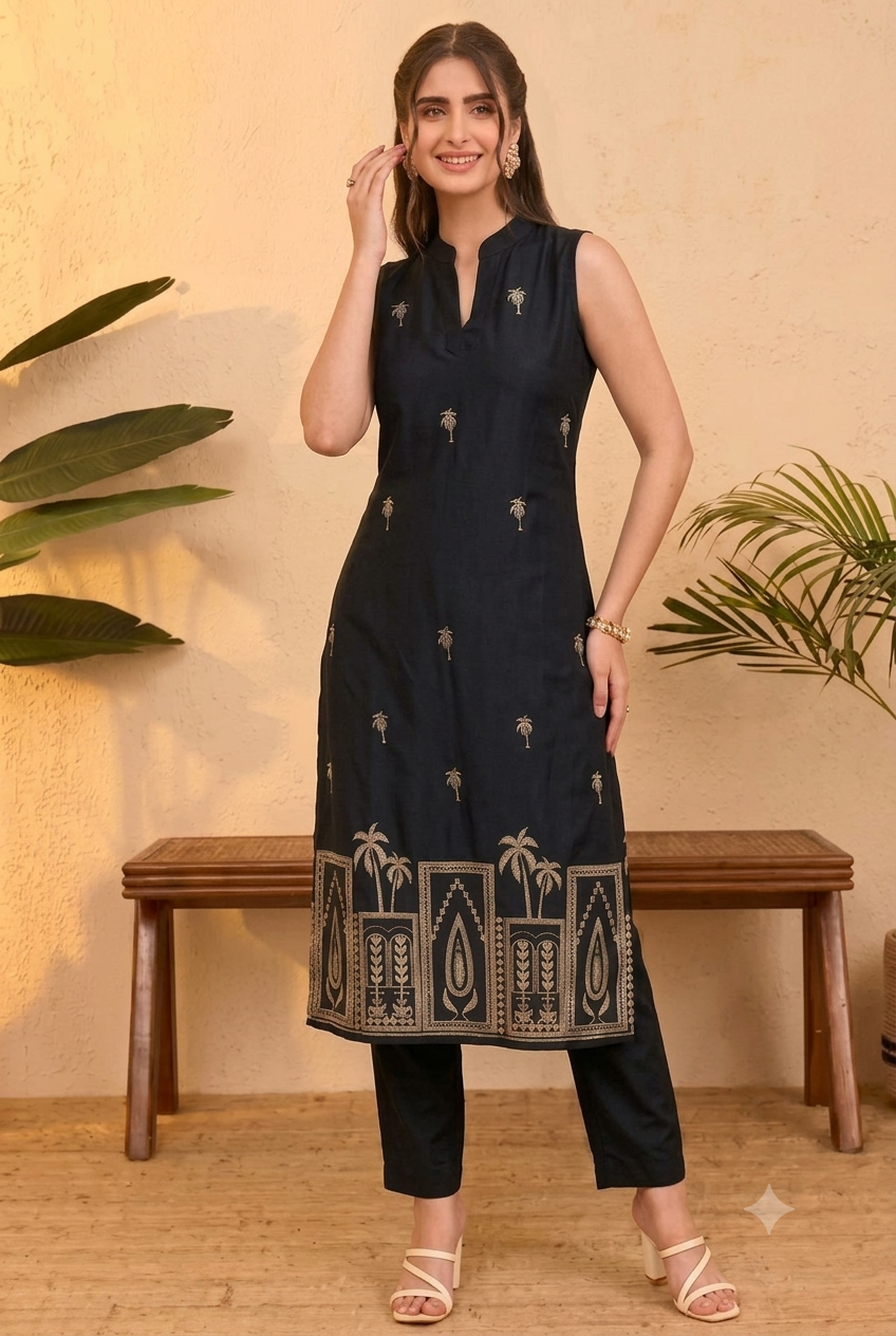Midnight Black & Gold Palm Motif Kurta Pant Set | Riwaayat by Pihu