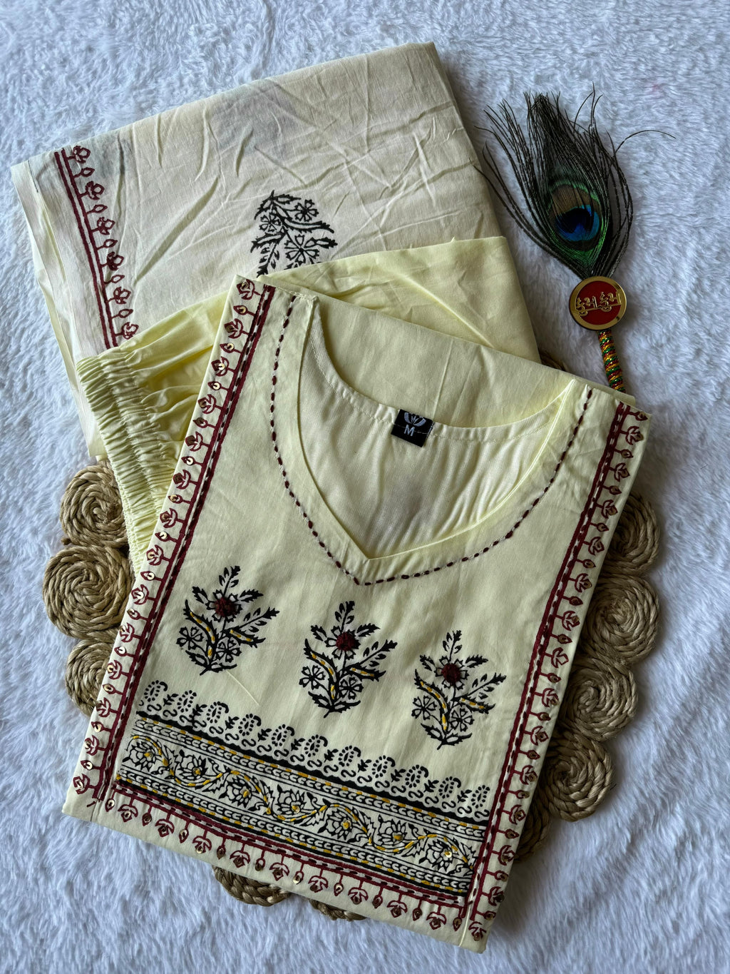 Light Yellow Pure Cotton Hand Block Print Kurti Pant Dupatta Set