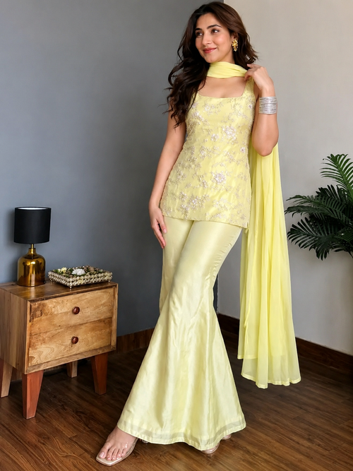 Lemon Yellow Embroidered Georgette Kurta Palazzo Set with Dupatta
