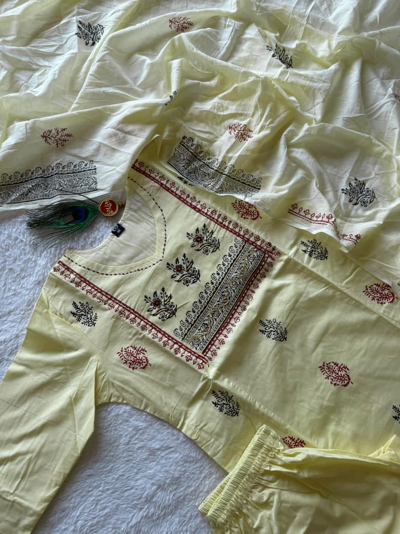 Light Yellow Pure Cotton Hand Block Print Kurti Pant Dupatta Set
