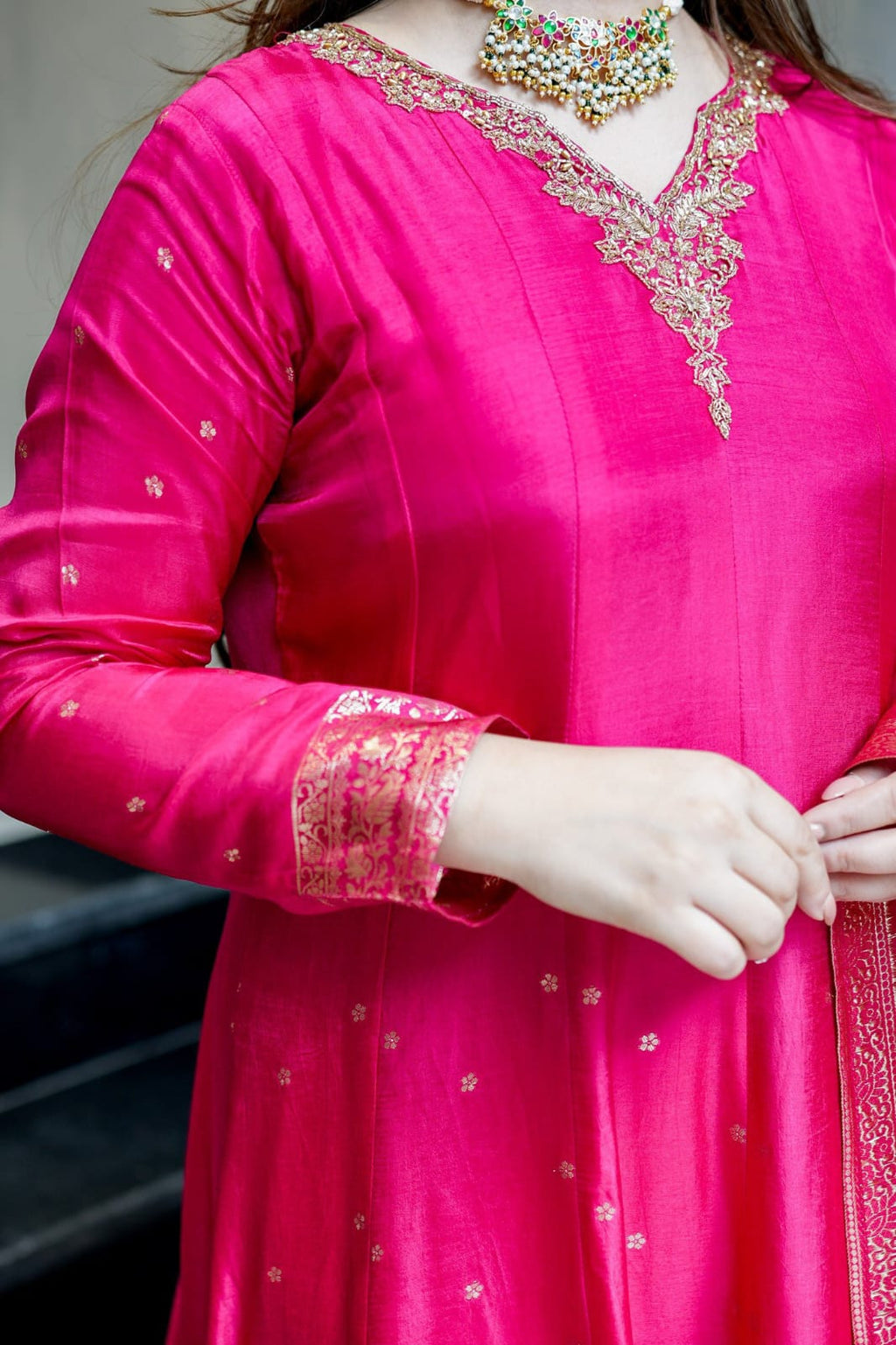 Premium Banarasi Anarkali Suit Set with Handwork Neck & Dupatta – Pink