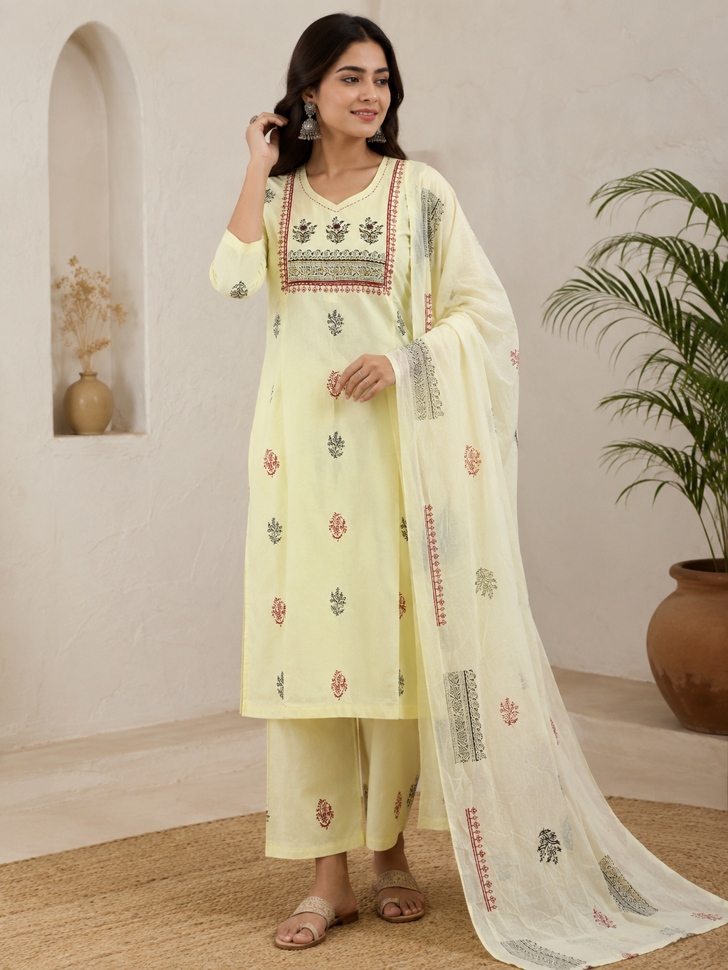 Light Yellow Pure Cotton Hand Block Print Kurti Pant Dupatta Set