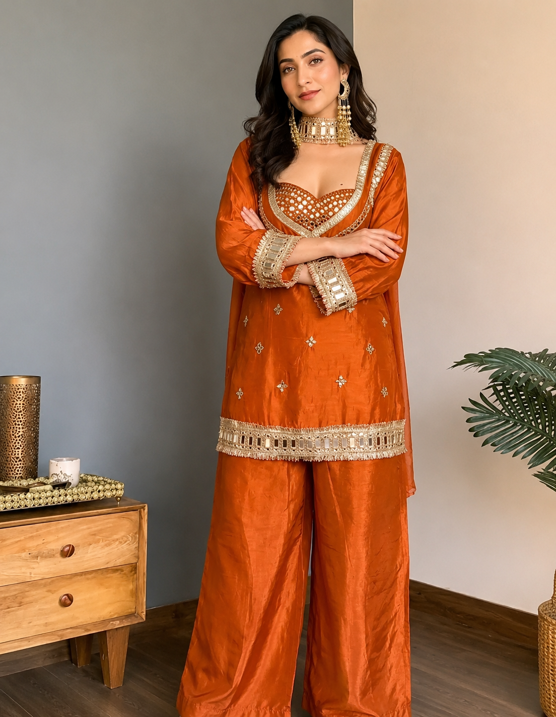 Orange Mirror Work Chiffon | Party Wear Co-ord Set