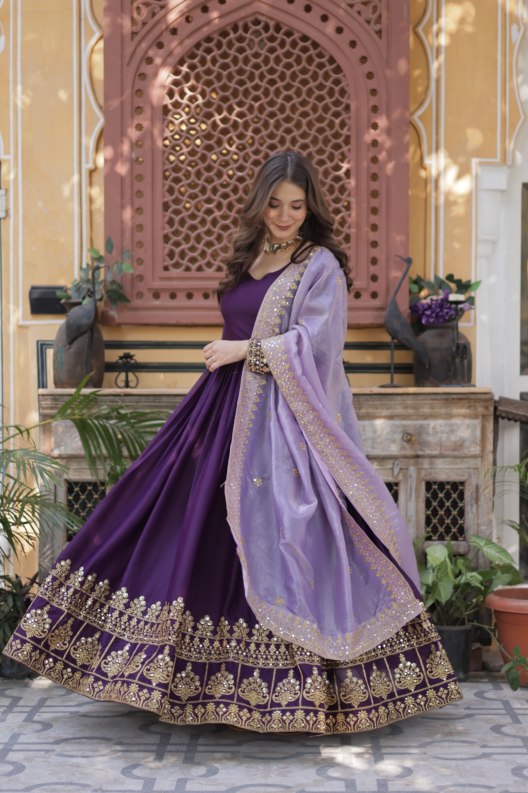 Premium Designer Purple Georgette Embroidered Gown with Dupatta