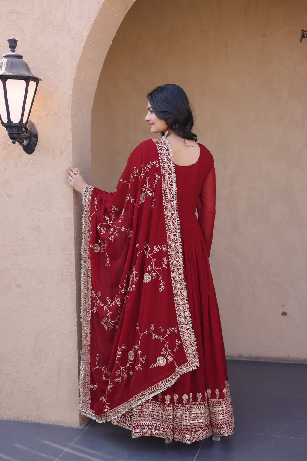 Regal Maroon Zari Embroidered Gown Set