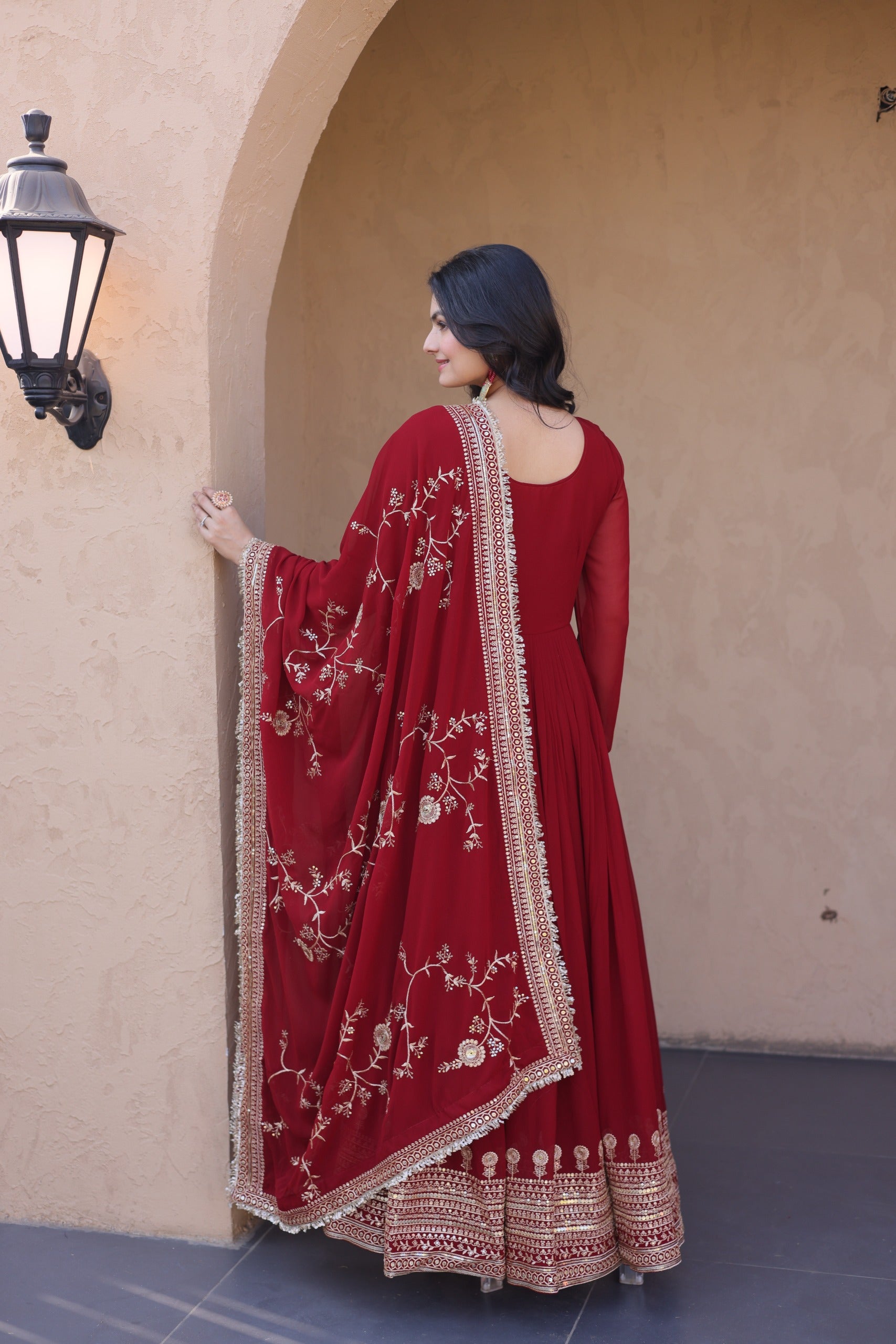 Regal Maroon Zari Embroidered Gown Set