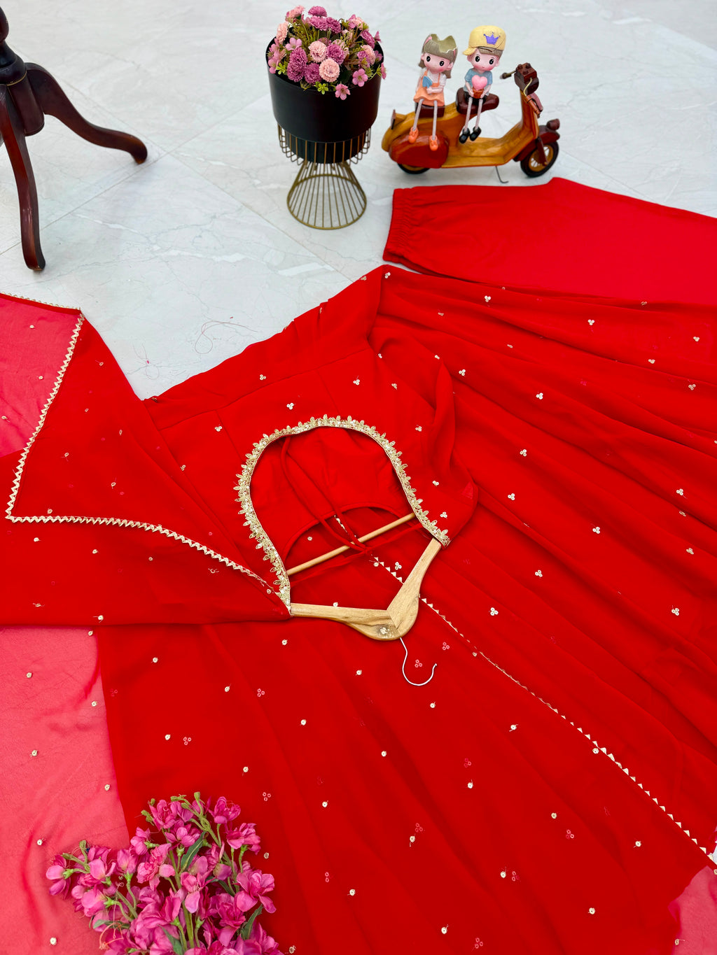Red Faux Georgette Embroidered Anarkali Gown Set with Pant & Dupatta
