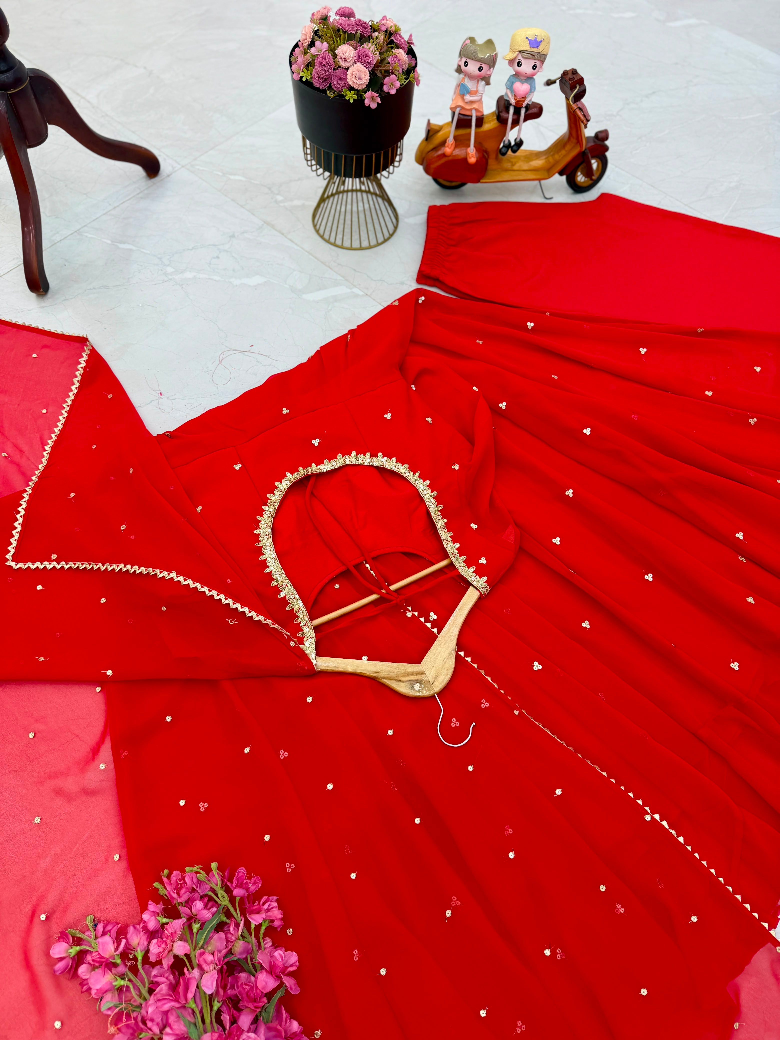 Red Faux Georgette Embroidered Anarkali Gown Set with Pant & Dupatta