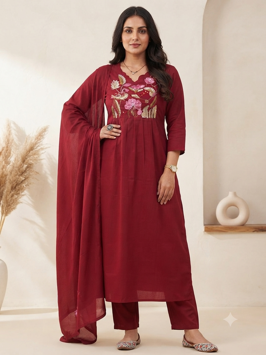 Elegant Maroon Naira Cut Kurta Set with Malmal Dupatta