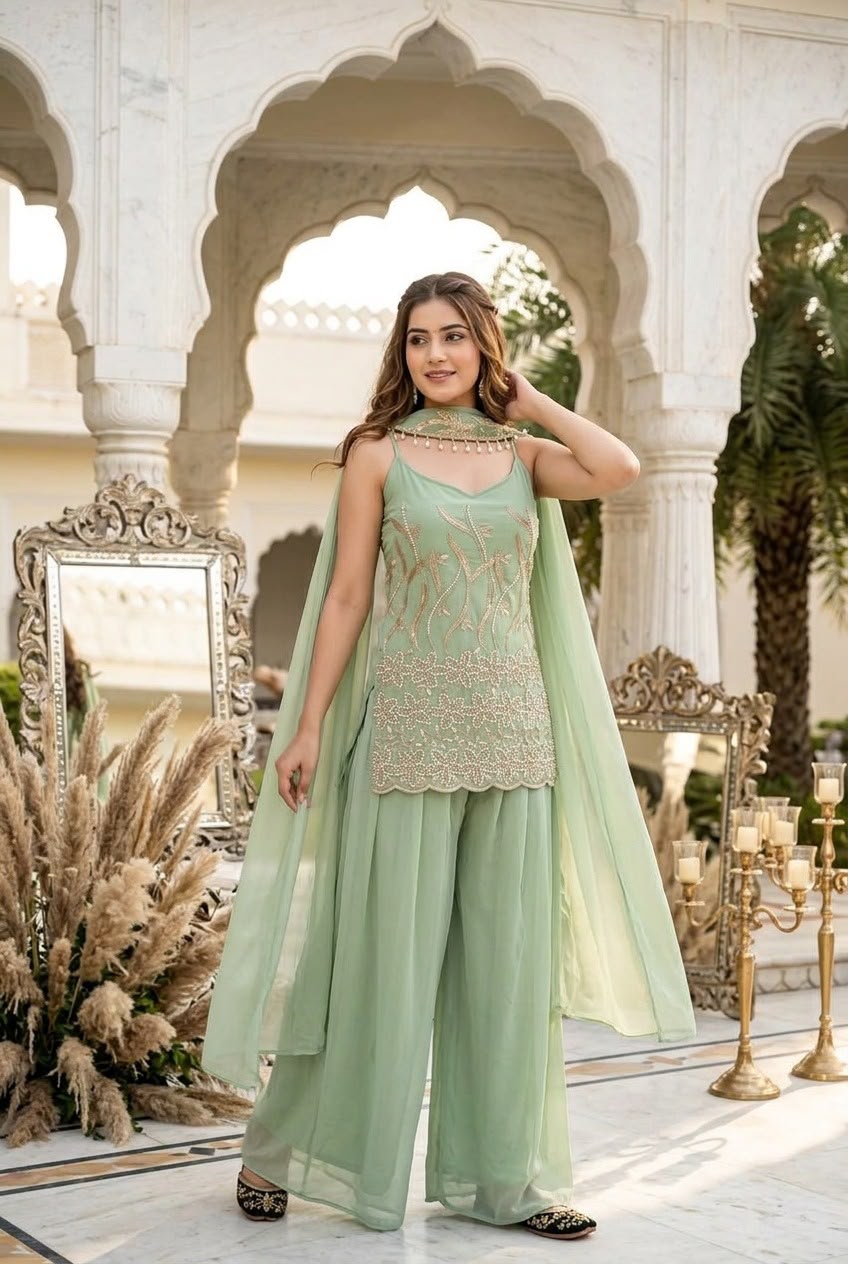 Mint Green Designer Party Wear Suit Set with Palazzo & Dupatta