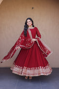 Regal Maroon Zari Embroidered Gown Set
