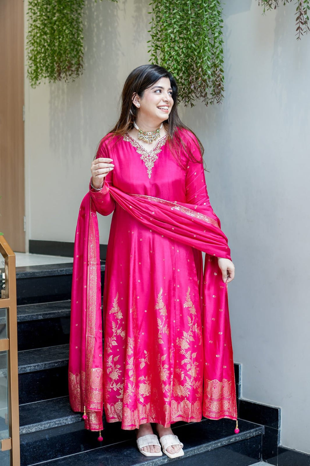 Premium Banarasi Anarkali Suit Set with Handwork Neck & Dupatta – Pink