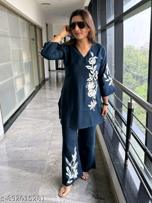 Navy Blue Floral Embroidered Cotton Co-ord Set