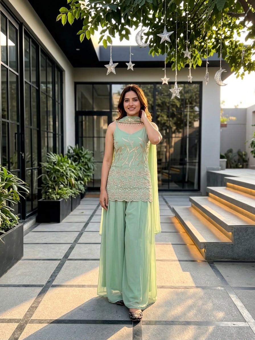 Mint Green Designer Party Wear Suit Set with Palazzo & Dupatta