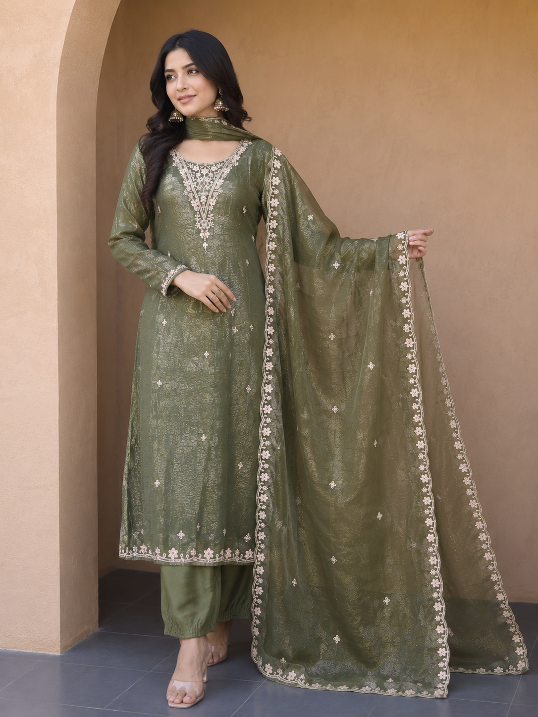 Olive Tribe Embroidered Kurta Set with Dupatta